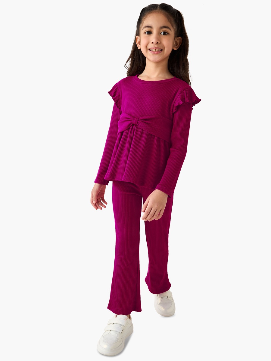 Crew Neck Long Sleeves Top and Flared Pants Set with Ribbed Texture