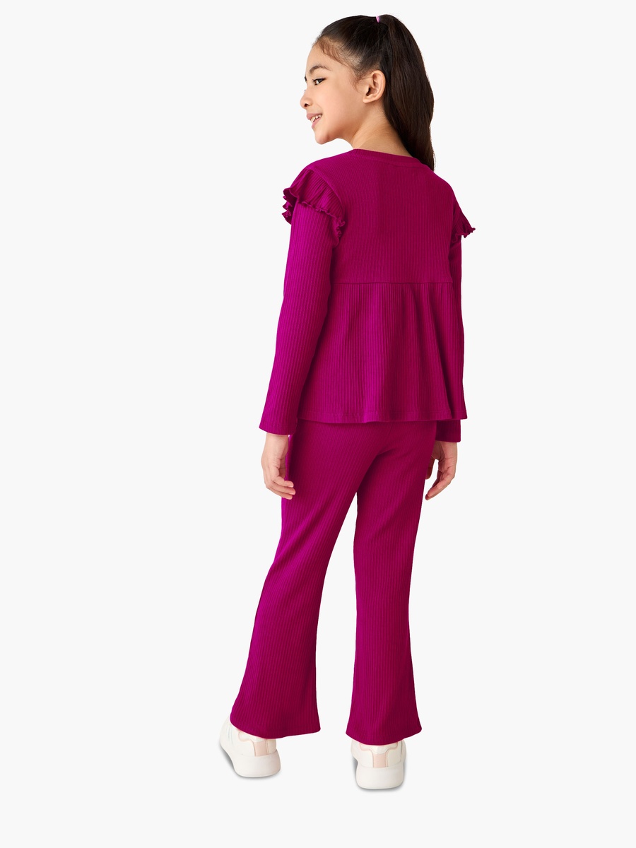 Crew Neck Long Sleeves Top and Flared Pants Set with Ribbed Texture