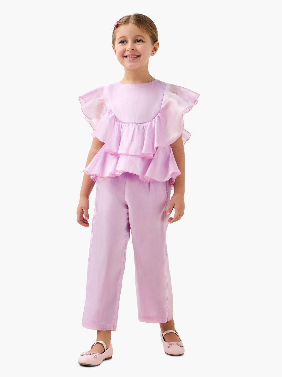 Crew Neck Top and Pants Set with Ruffles