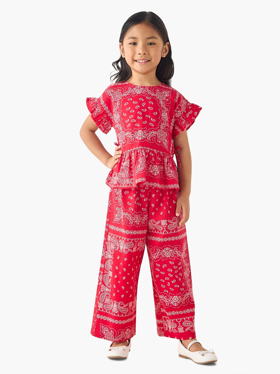 Crew Neck Short Sleeves Top and Wide Leg Pants Set with Paisley Print