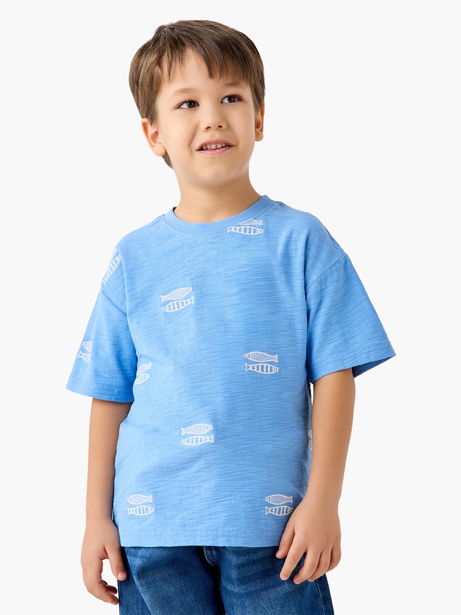 Crew Neck Short Sleeves T-Shirt with Fish Embroidery