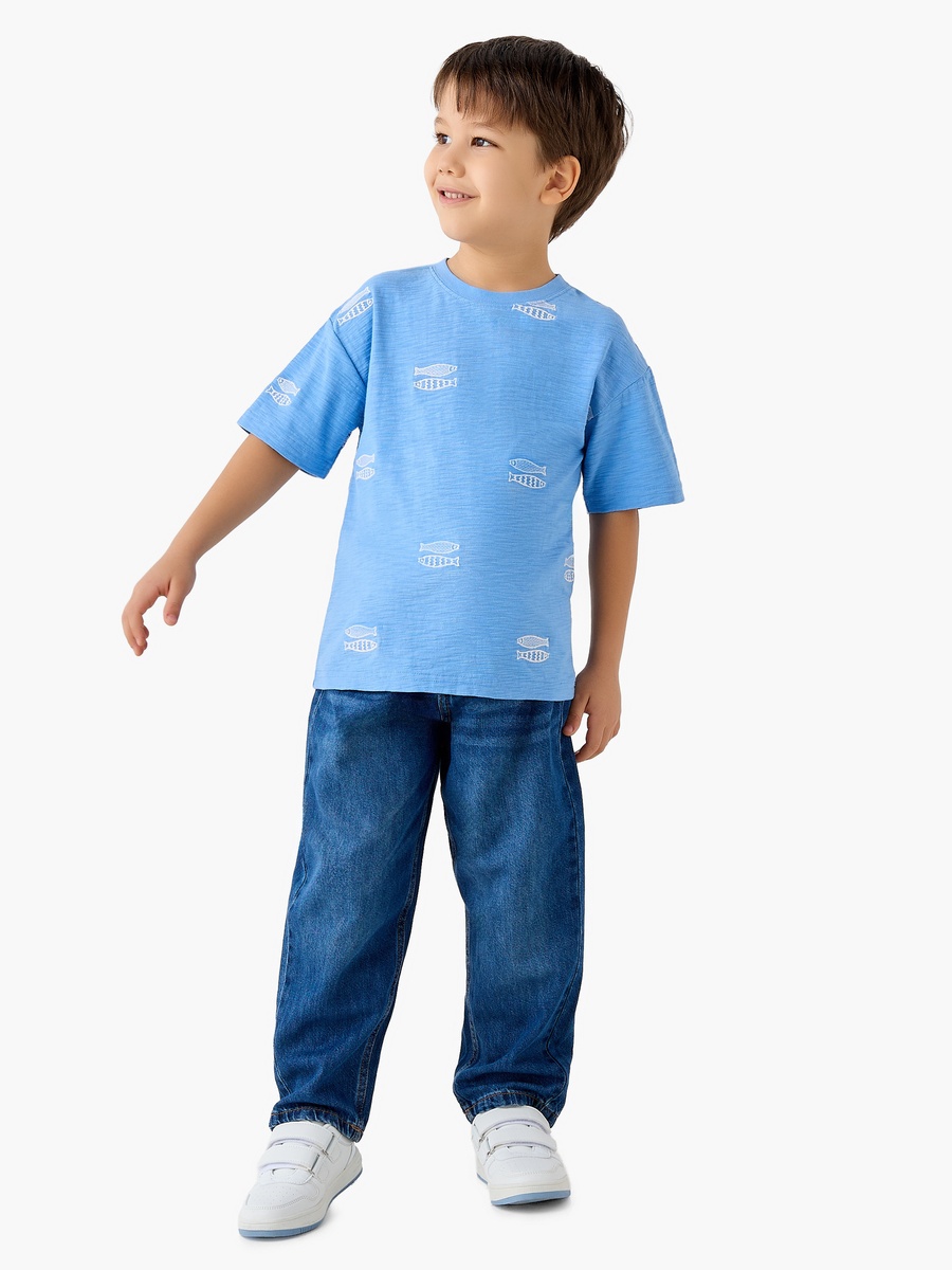 Crew Neck Short Sleeves T-Shirt with Fish Embroidery
