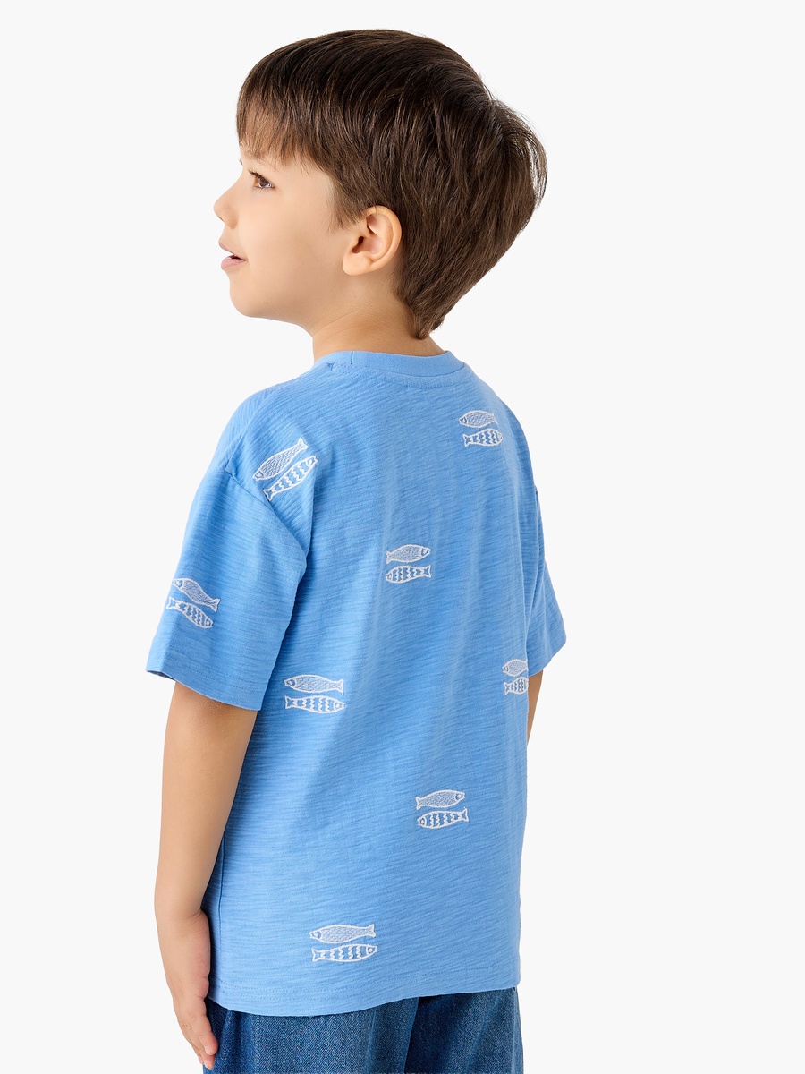 Crew Neck Short Sleeves T-Shirt with Fish Embroidery