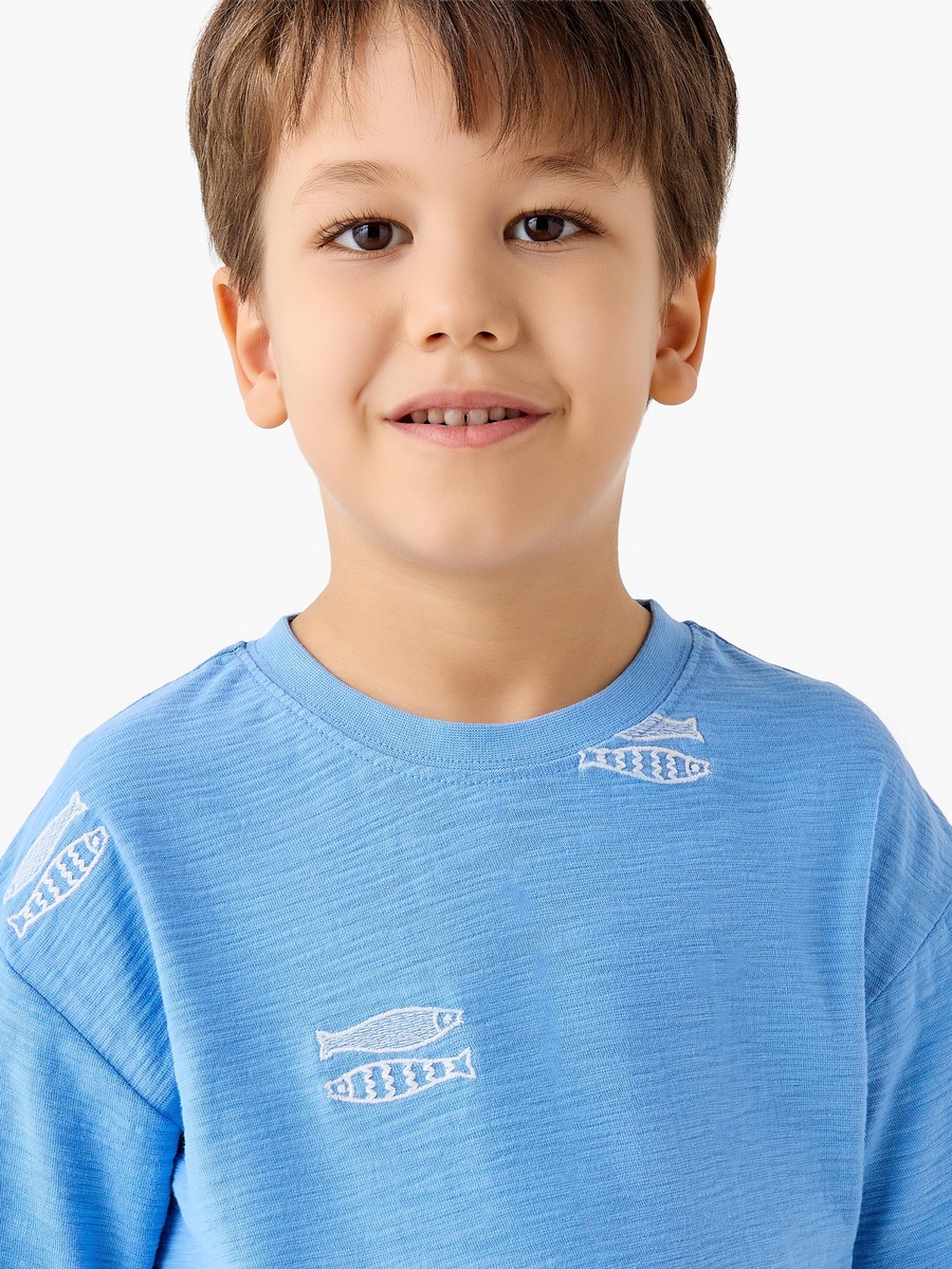 Crew Neck Short Sleeves T-Shirt with Fish Embroidery