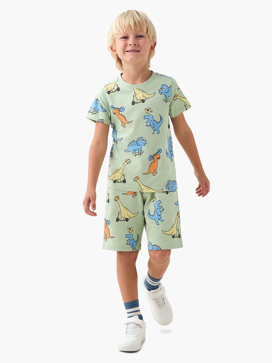 Crew Neck Short Sleeve T-Shirt with Dinosaur Print