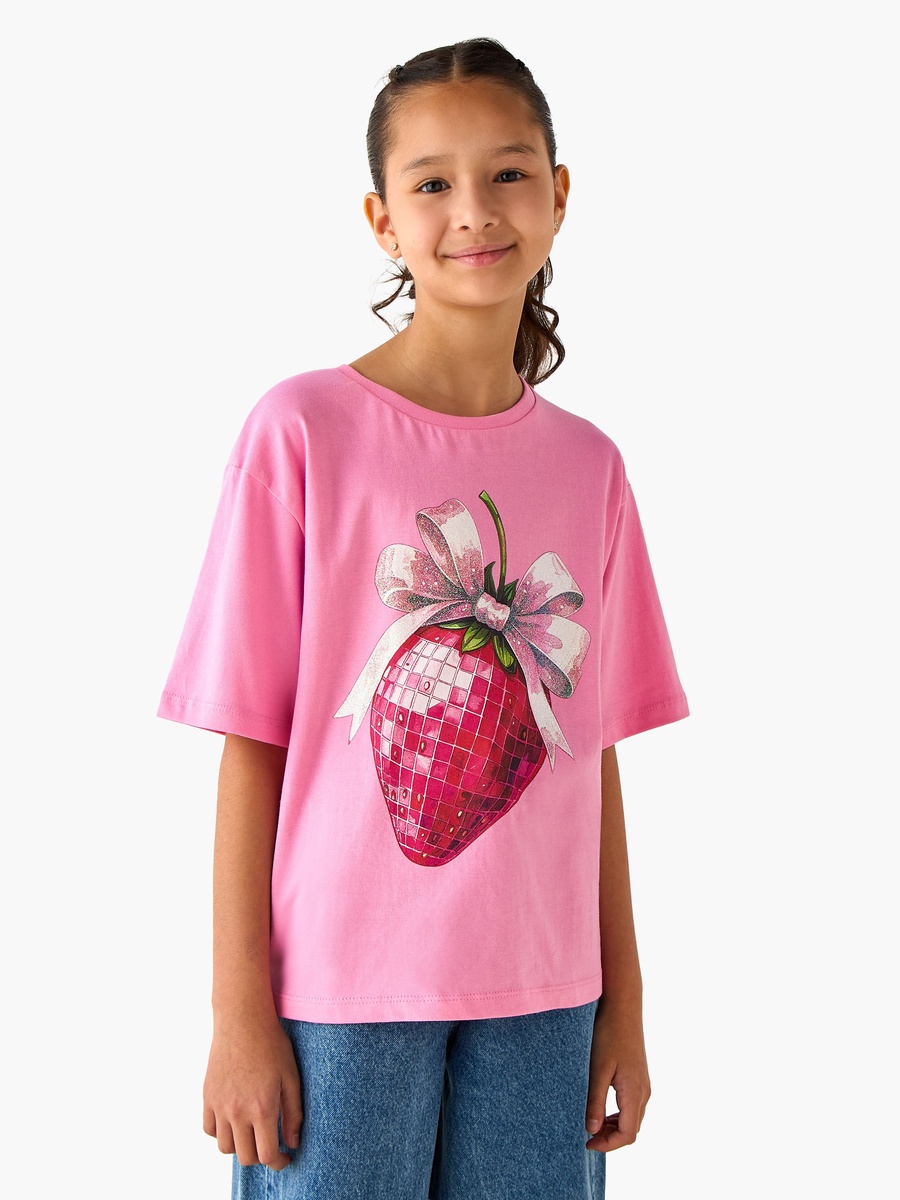 Crew Neck Short Sleeves T-Shirt with Strawberry Print