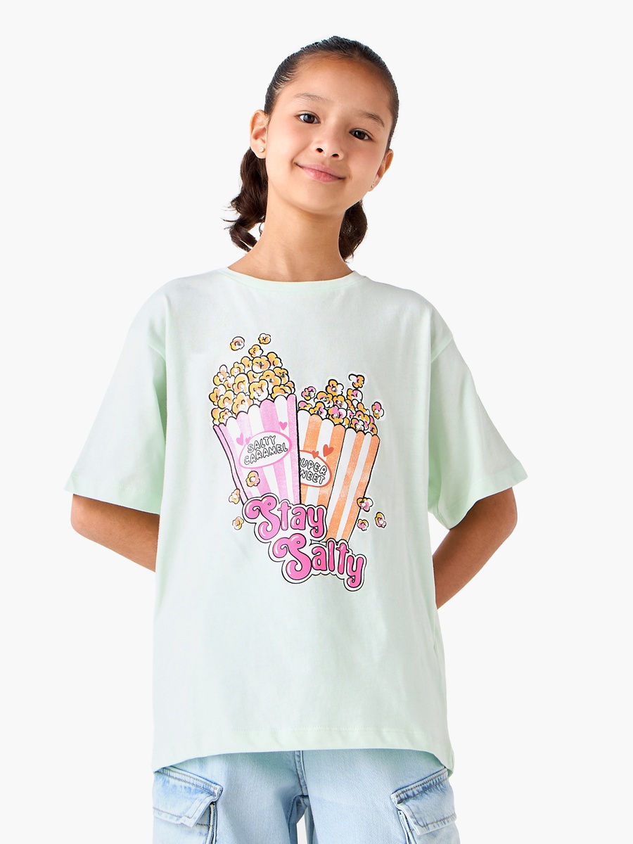 Crew Neck Short Sleeves T-Shirt with Popcorn Print