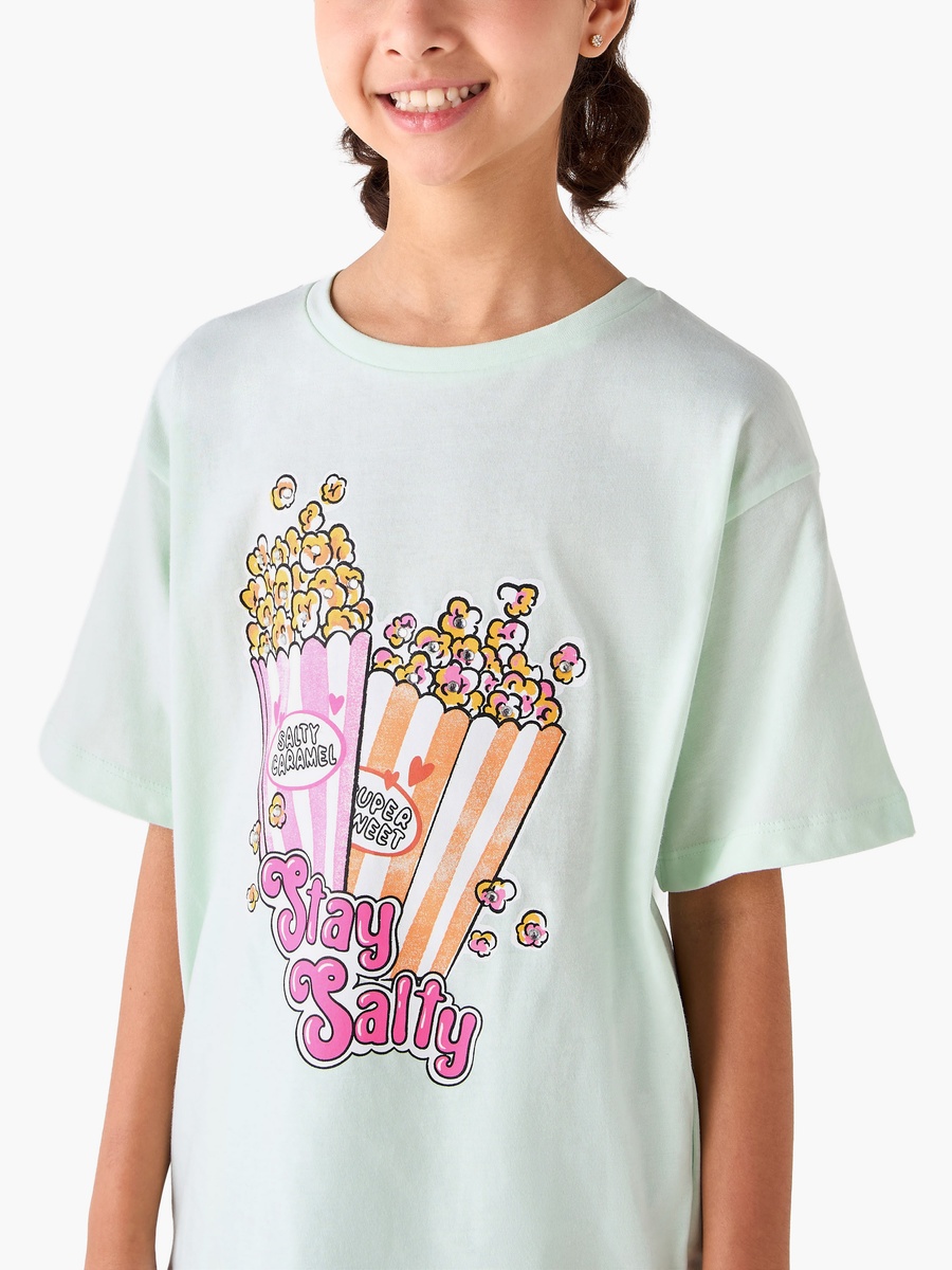 Crew Neck Short Sleeves T-Shirt with Popcorn Print
