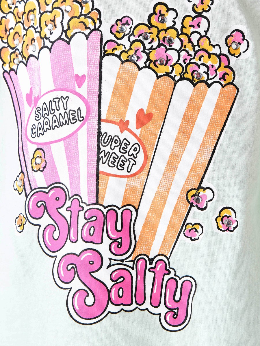 Crew Neck Short Sleeves T-Shirt with Popcorn Print