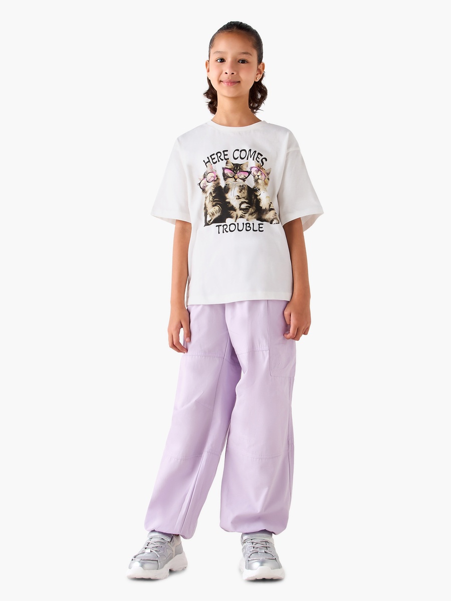 Crew Neck Short Sleeves T-Shirt with Cat Print