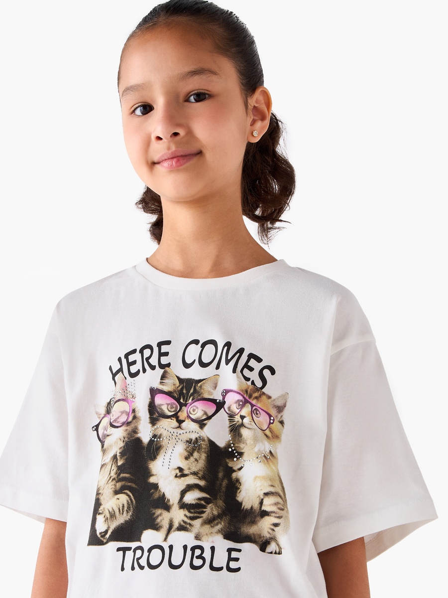 Crew Neck Short Sleeves T-Shirt with Cat Print