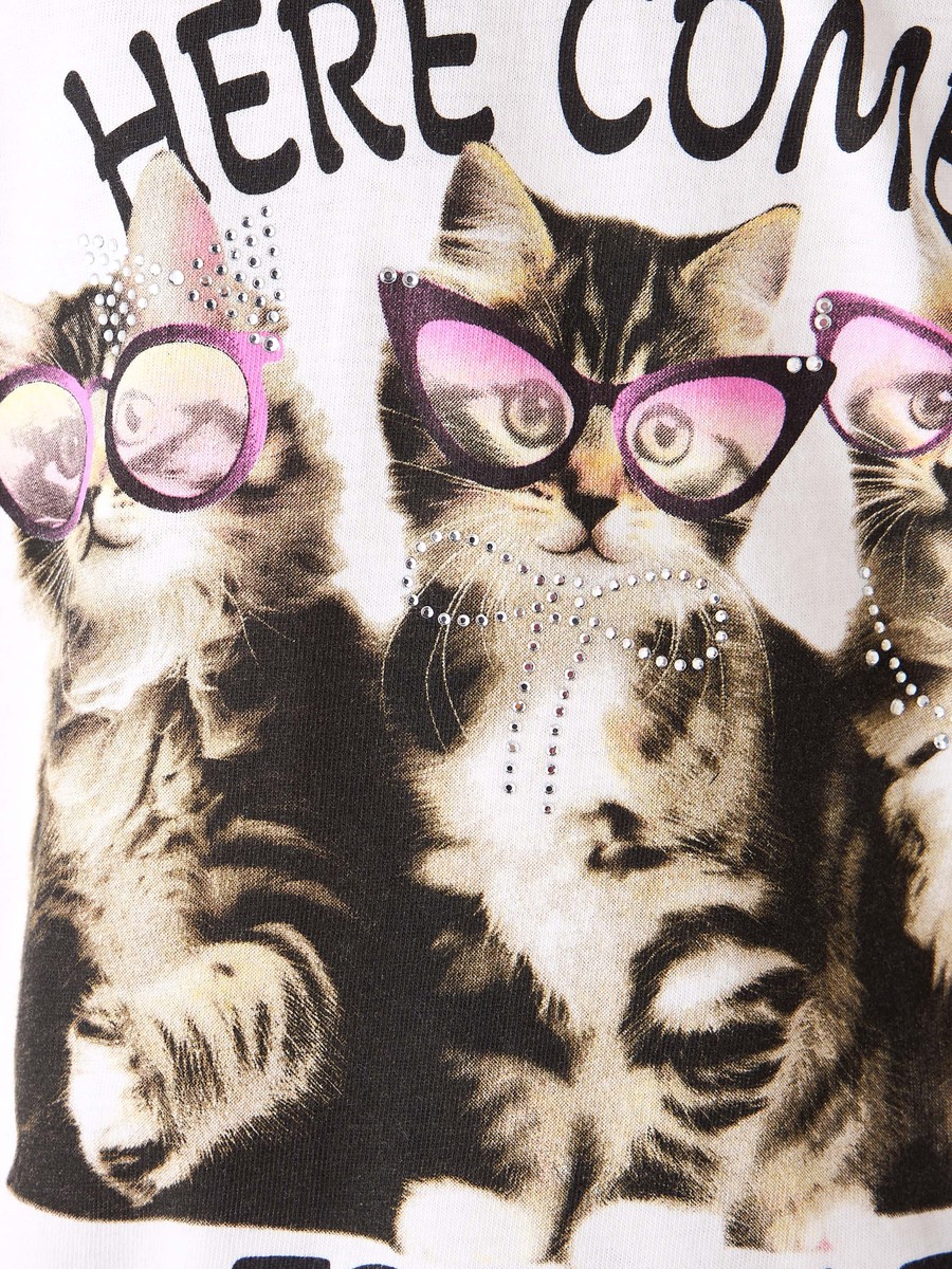 Crew Neck Short Sleeves T-Shirt with Cat Print