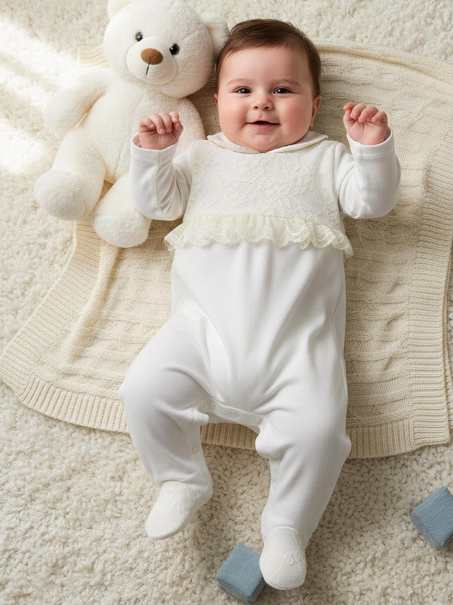 Peter Pan Collar Long Sleeves Sleepsuit with Lace Detail