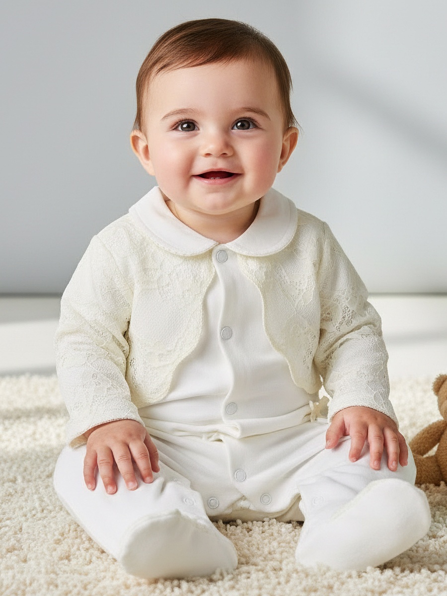 Peter Pan Collar Long Sleeves Sleepsuit with Lace Bolero Jacket Detail