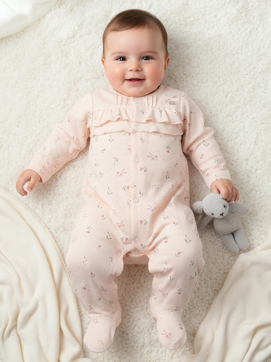 Cotton Round Neck Long Sleeves Sleepsuit with Floral Print