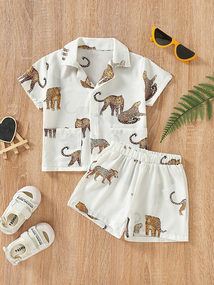 Boys Dinosaur Print Short Sleeve Shirt and Shorts Set