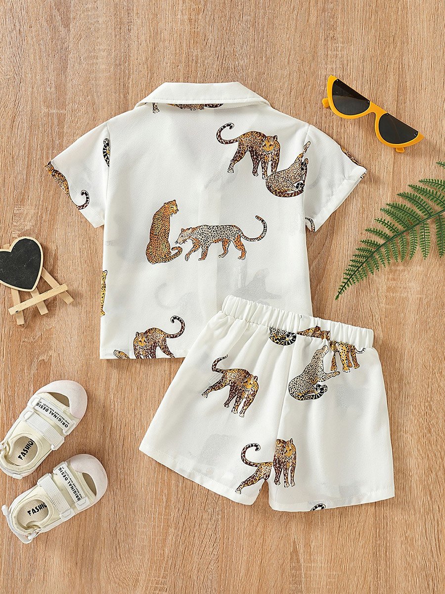Boys Dinosaur Print Short Sleeve Shirt and Shorts Set