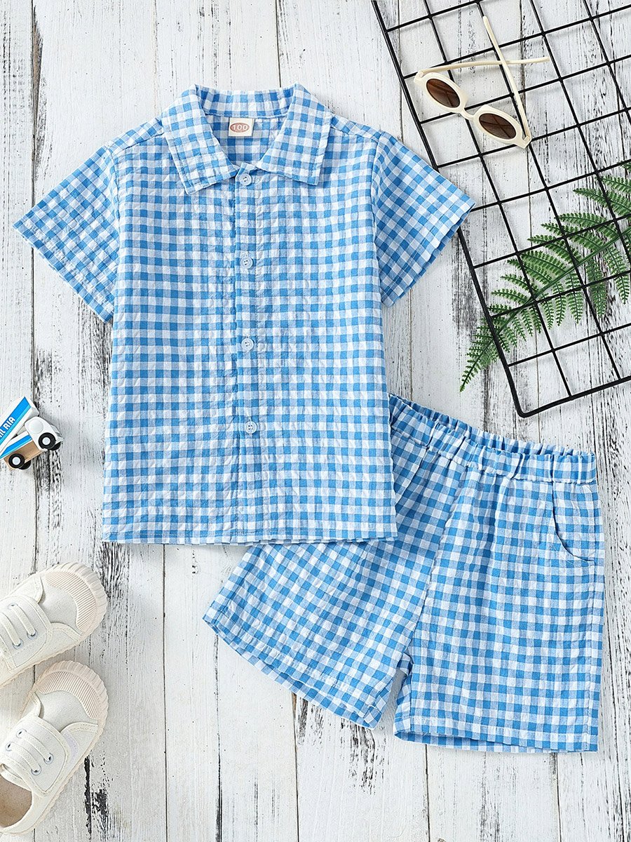 Boys Checked Short Sleeve Shirt and Shorts Set