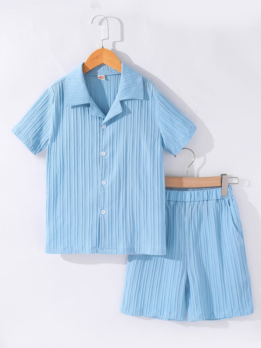 Boy Blue Texture Short Sleeve Shirt and Shorts Set