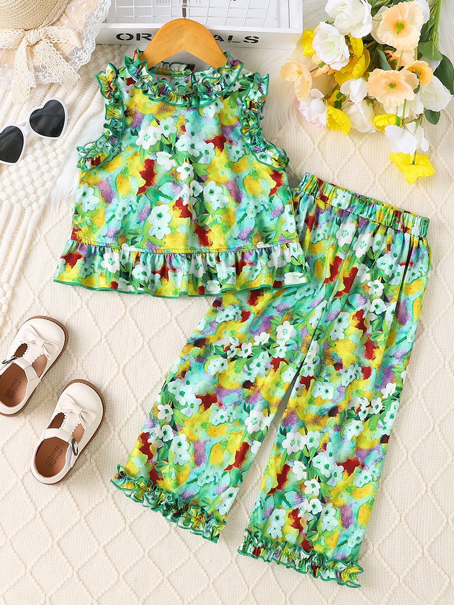 Girls Floral Print Sleeveless Ruffle Hem Top and Pants Set