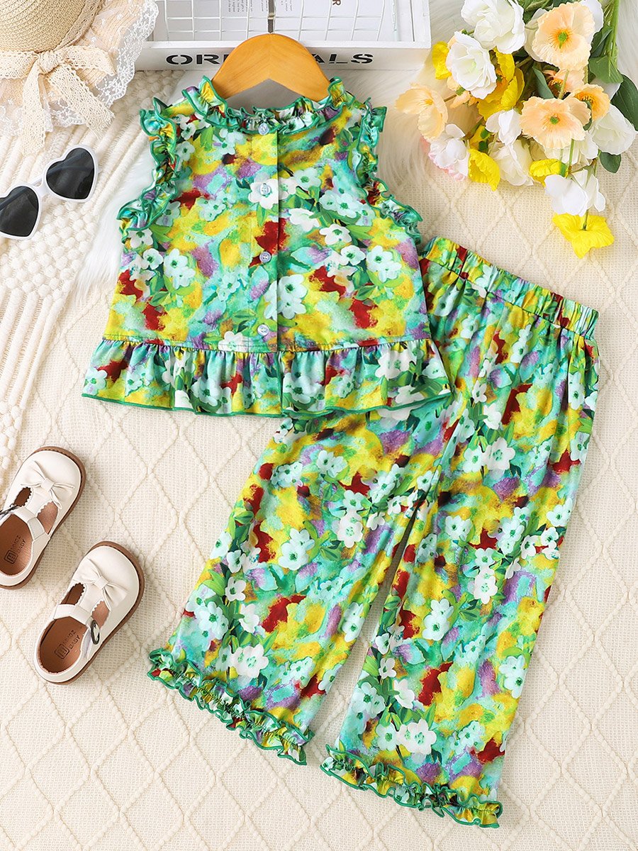 Girls Floral Print Sleeveless Ruffle Hem Top and Pants Set