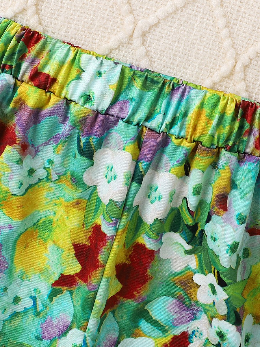 Girls Floral Print Sleeveless Ruffle Hem Top and Pants Set