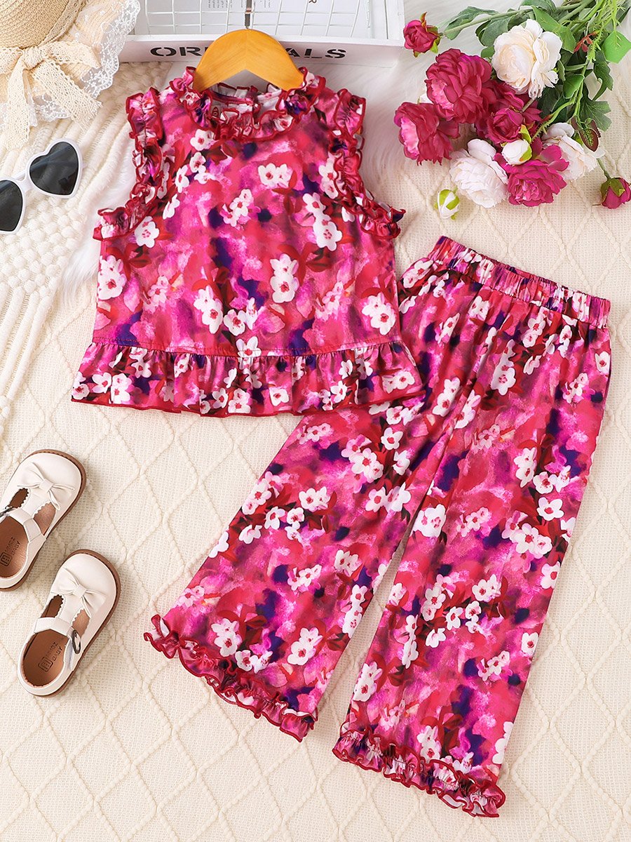Girls All Over Print Sleeveless Top and Pants Set