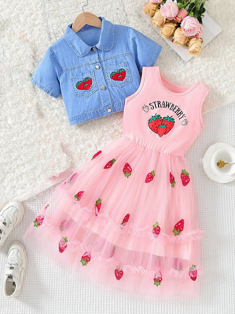 Girls Strawberry Print Short Sleeve Jacket and Midi Dress Set