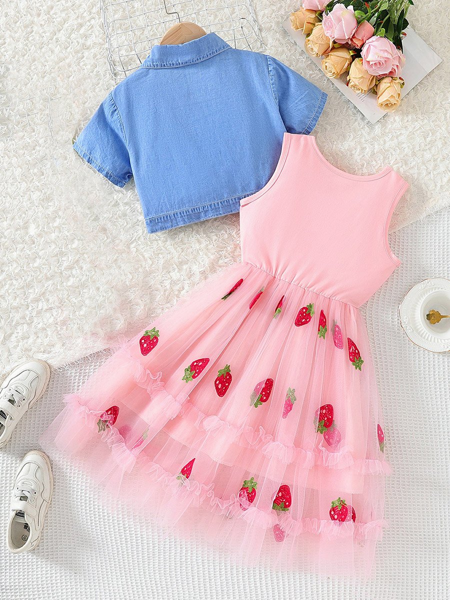 Girls Strawberry Print Short Sleeve Jacket and Midi Dress Set