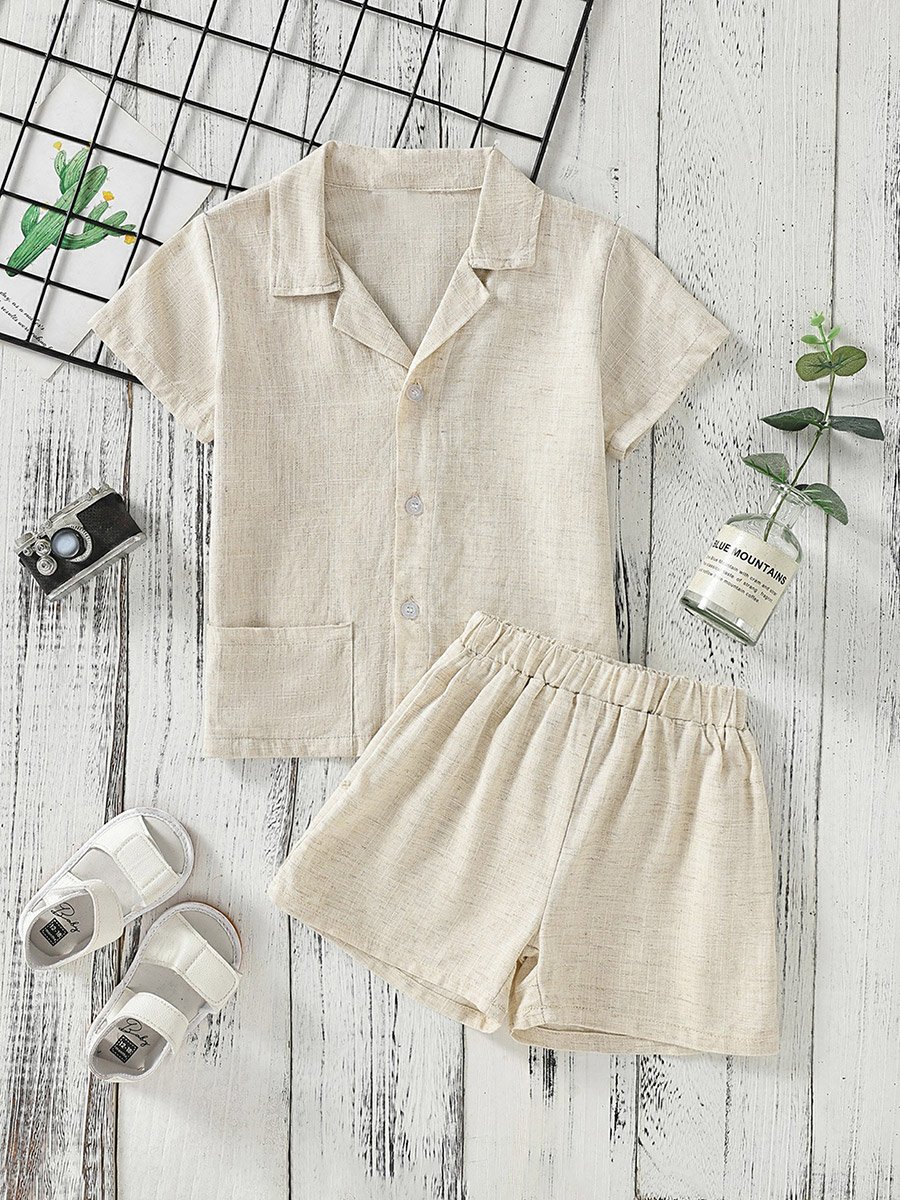 Boys Beige Linen-Look Shirt and Shorts Set