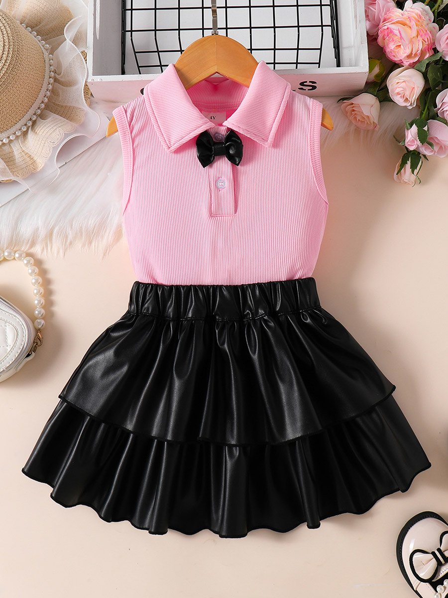 Girls Bow Detail Polo Neck Sleeveless Top and Ruffle Mini Skirt Set