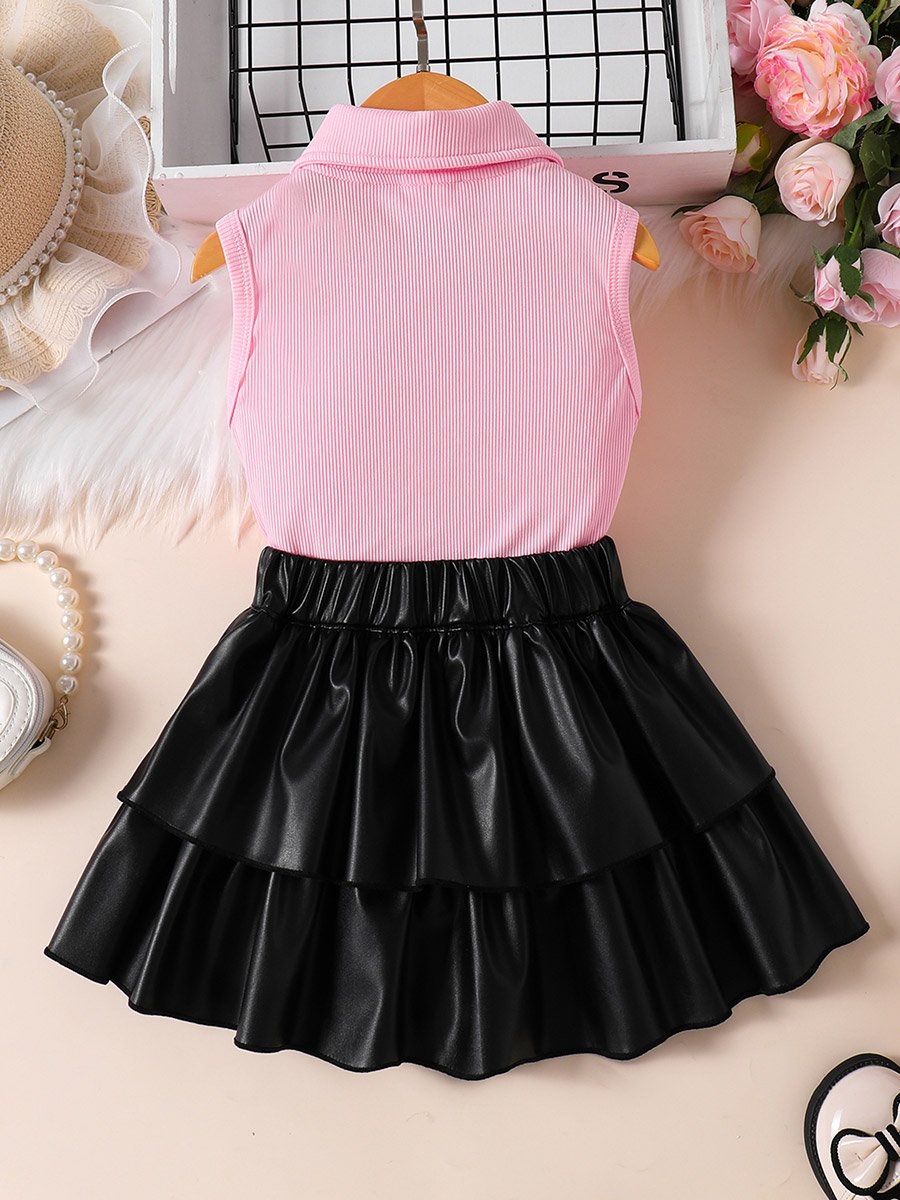 Girls Bow Detail Polo Neck Sleeveless Top and Ruffle Mini Skirt Set