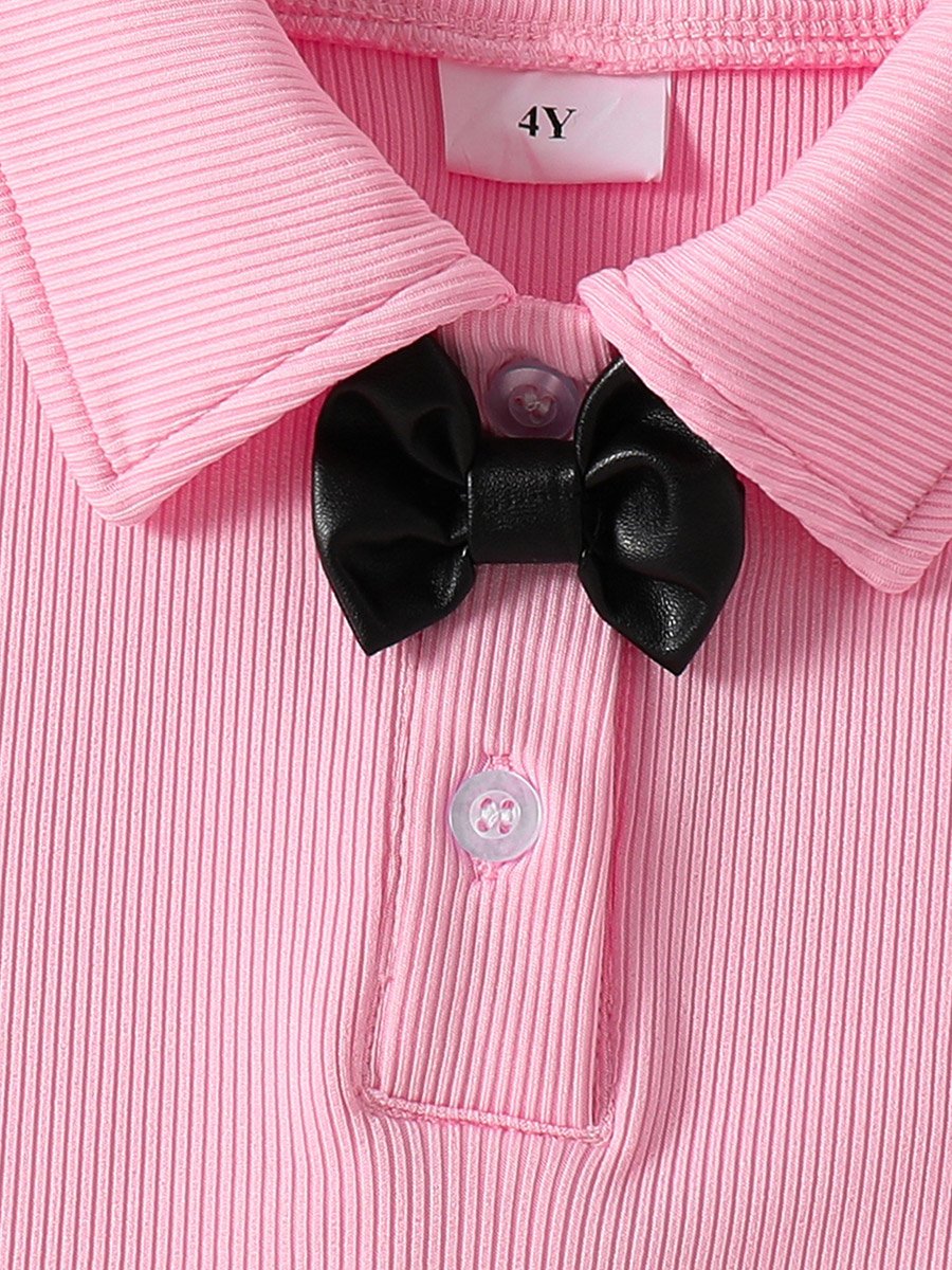 Girls Bow Detail Polo Neck Sleeveless Top and Ruffle Mini Skirt Set