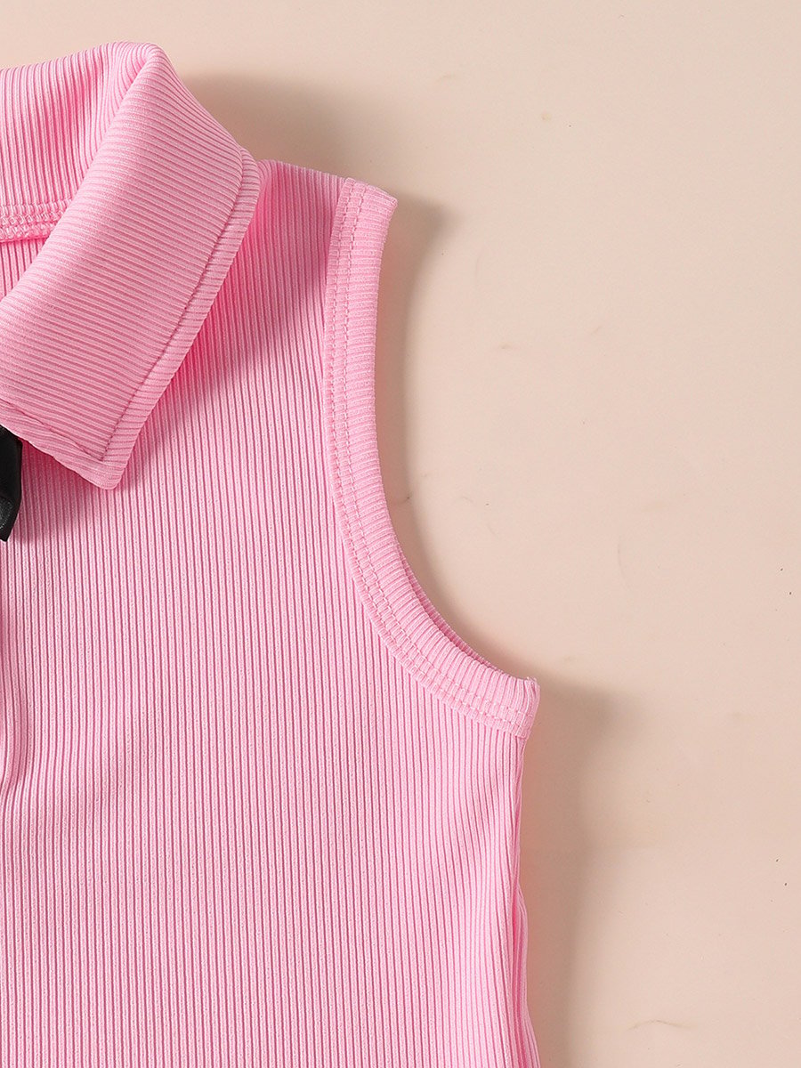 Girls Bow Detail Polo Neck Sleeveless Top and Ruffle Mini Skirt Set