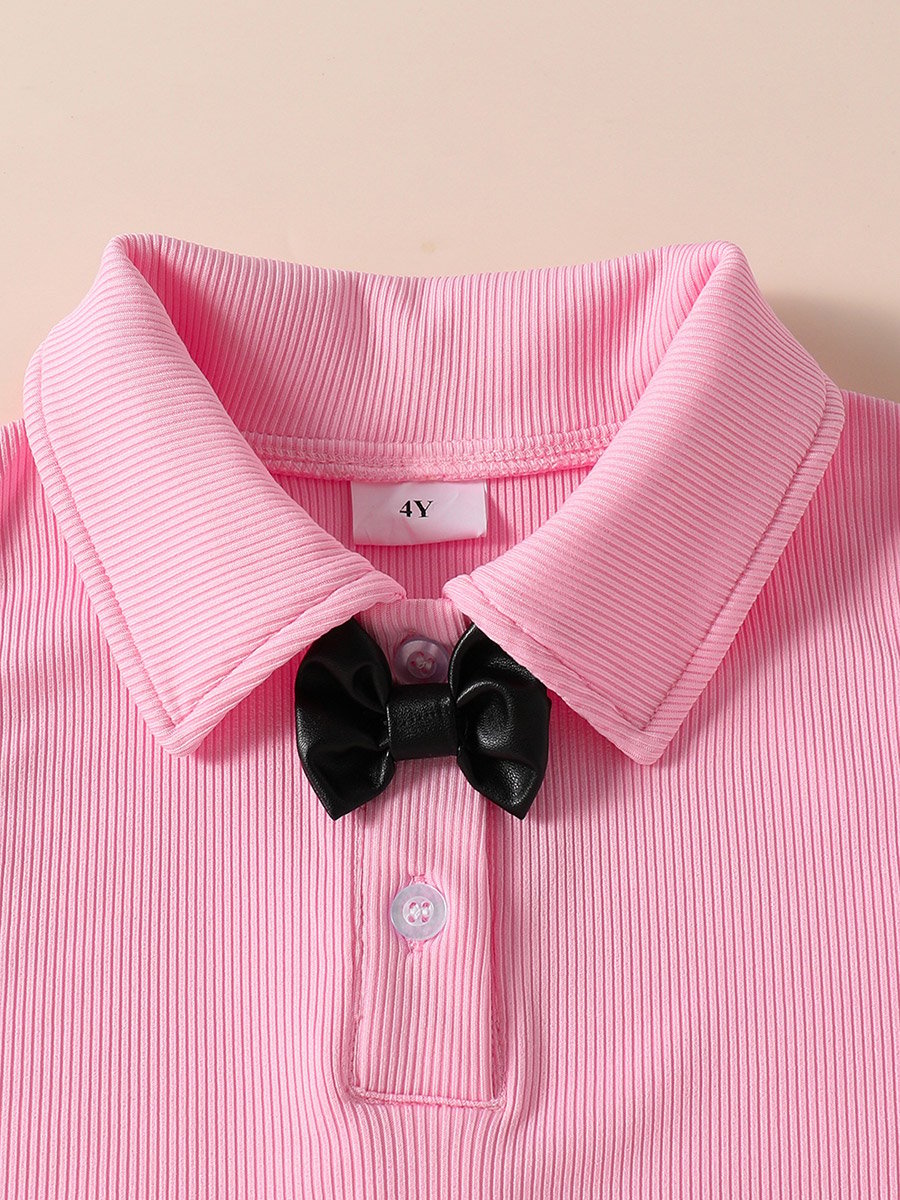 Girls Bow Detail Polo Neck Sleeveless Top and Ruffle Mini Skirt Set