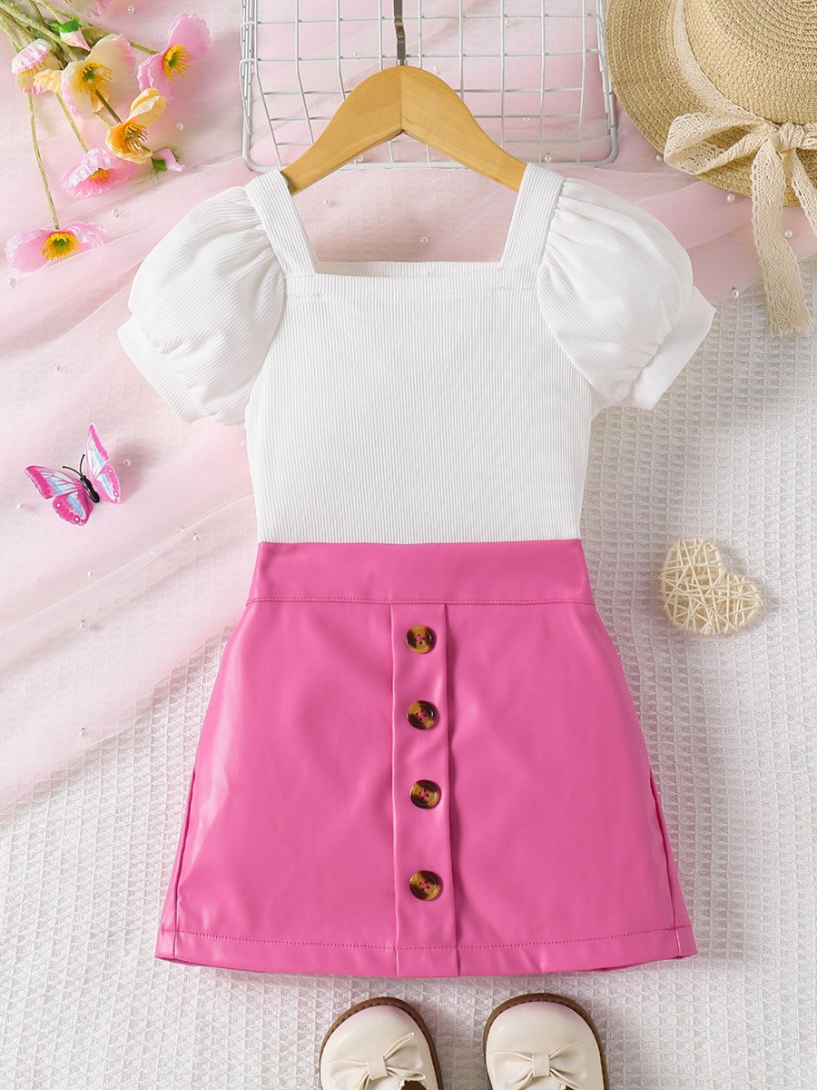 Girls Puff Sleeve Top and Button Skirt Set