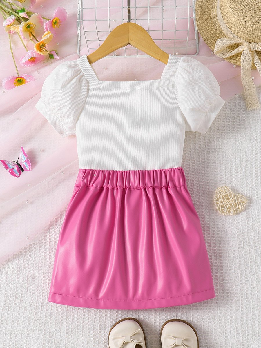 Girls Puff Sleeve Top and Button Skirt Set