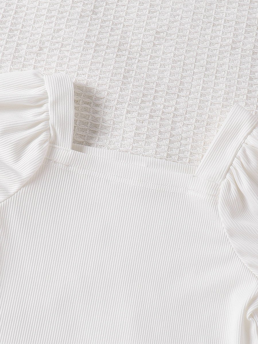 Girls Puff Sleeve Top and Button Skirt Set