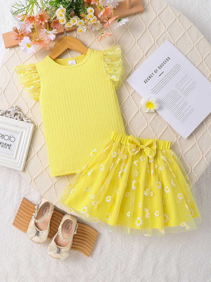 Girls Yellow Daisy Print Top and Skirt Set 