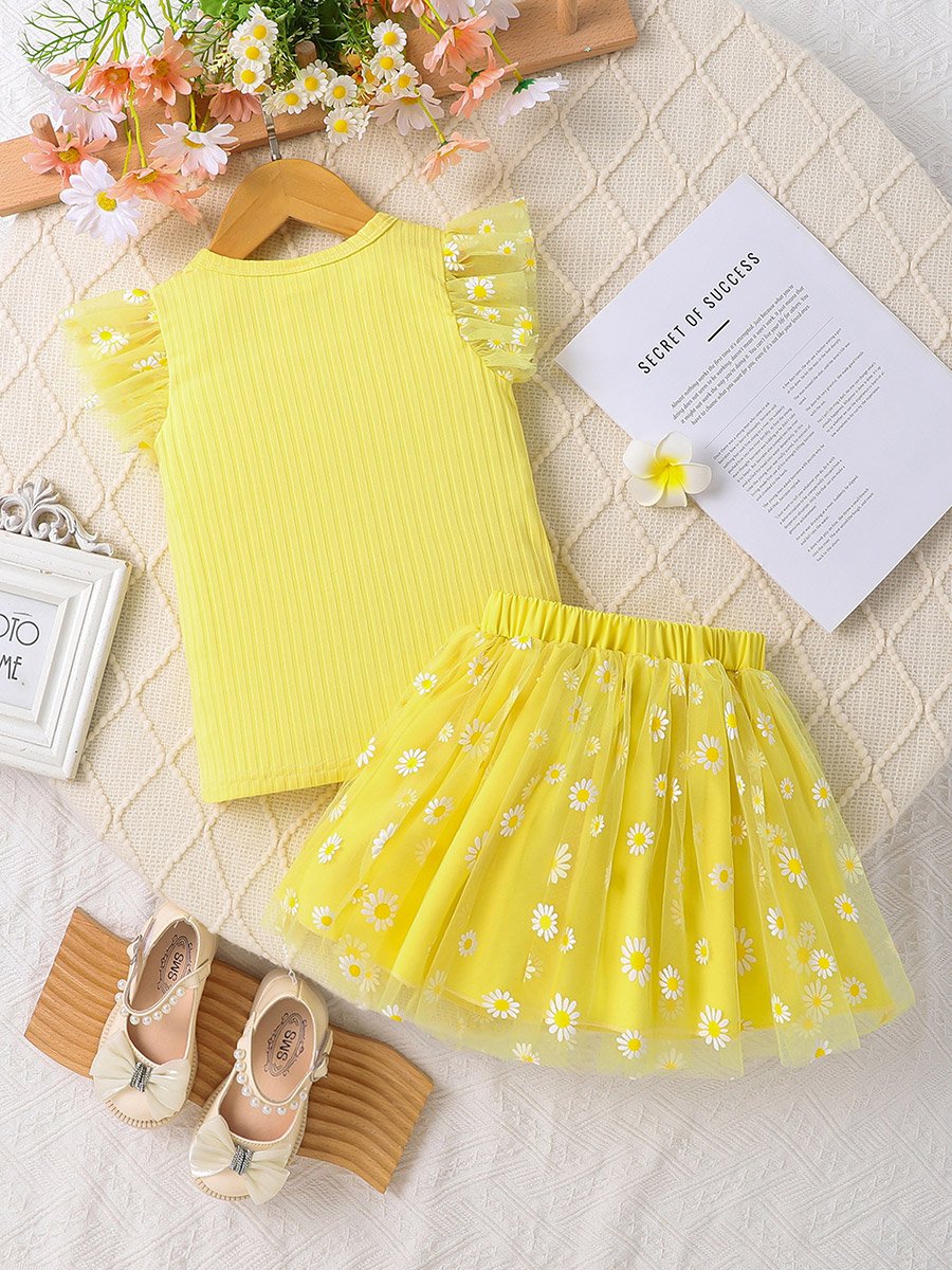 Girls Yellow Daisy Print Top and Skirt Set 