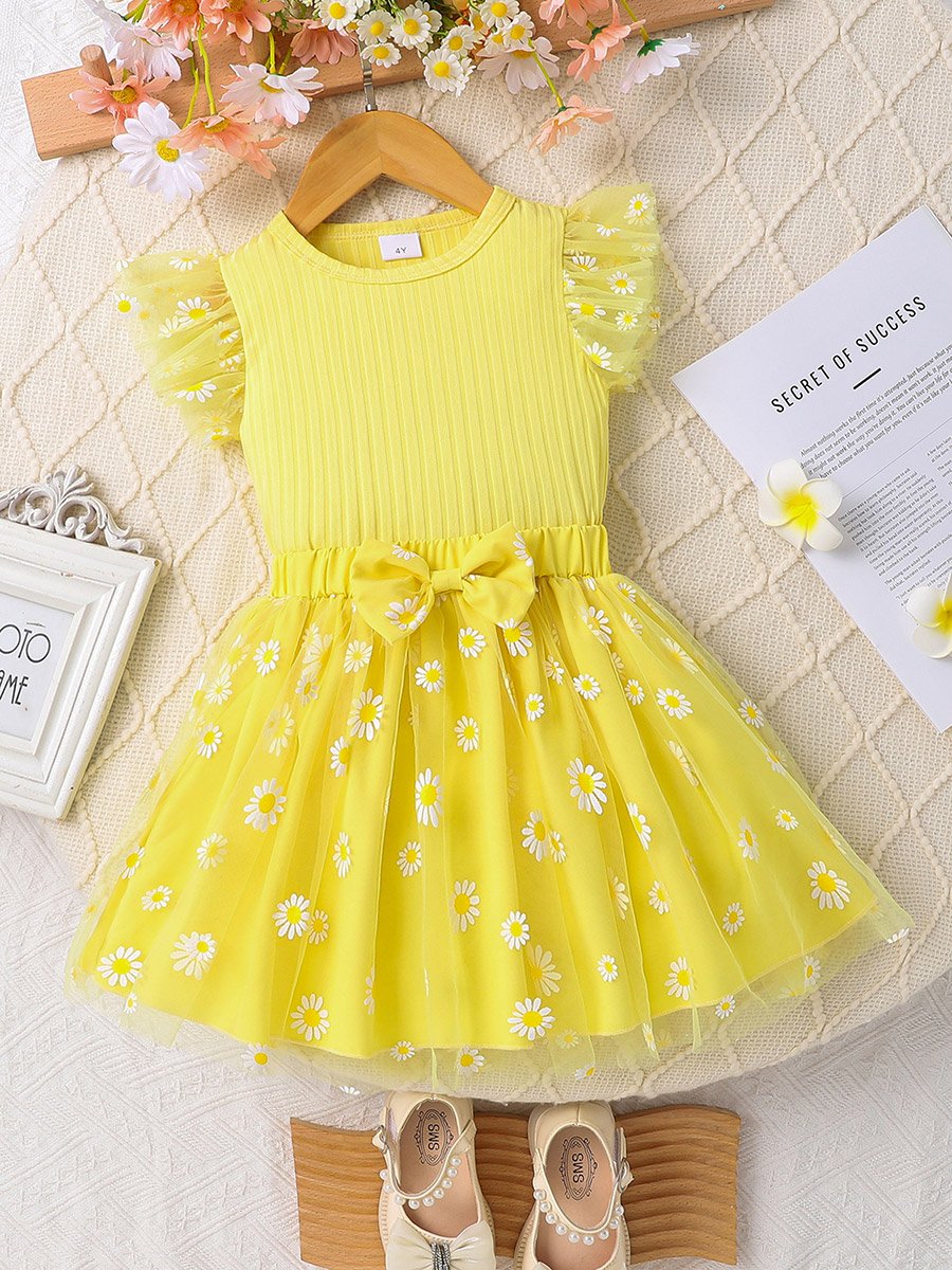 Girls Yellow Daisy Print Top and Skirt Set 