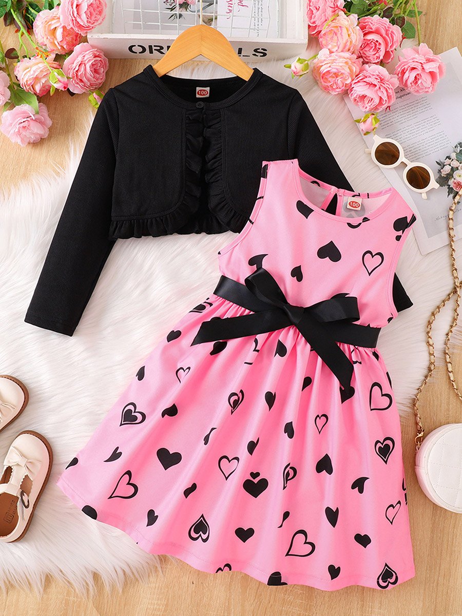 Girls Heart Printed Dress with Jacket Set