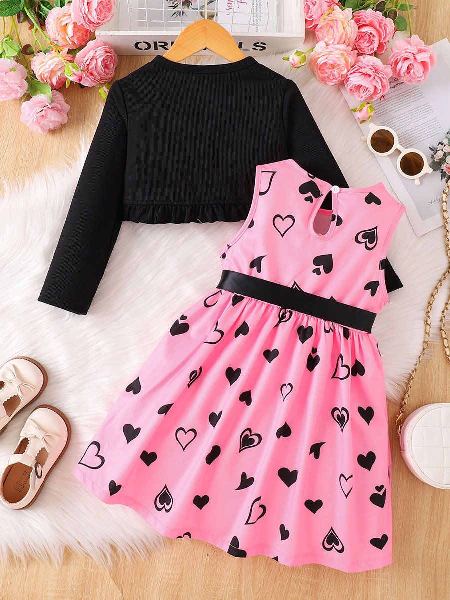 Girls Heart Printed Dress with Jacket Set