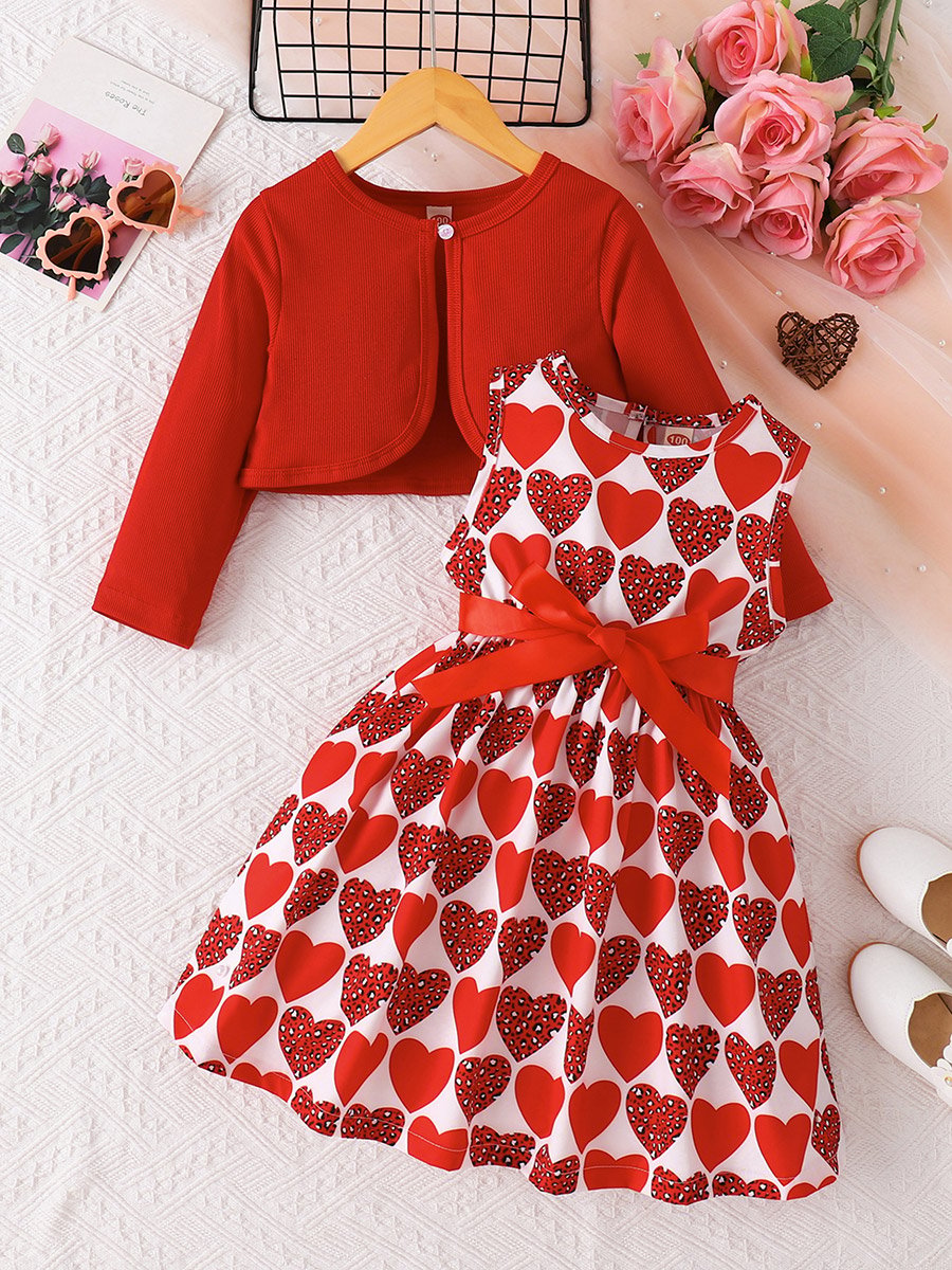 Girls Red Heart Print Dress and Jacket Set 