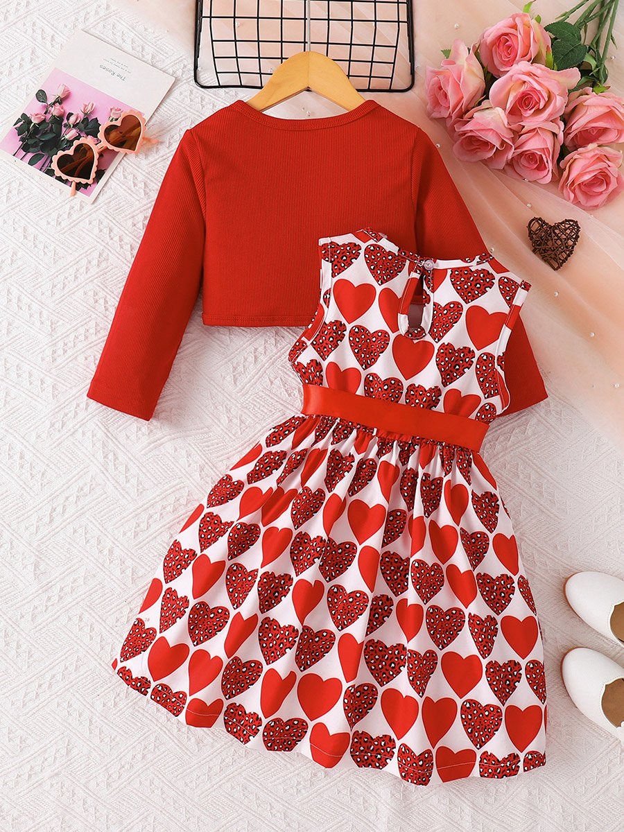 Girls Red Heart Print Dress and Jacket Set 