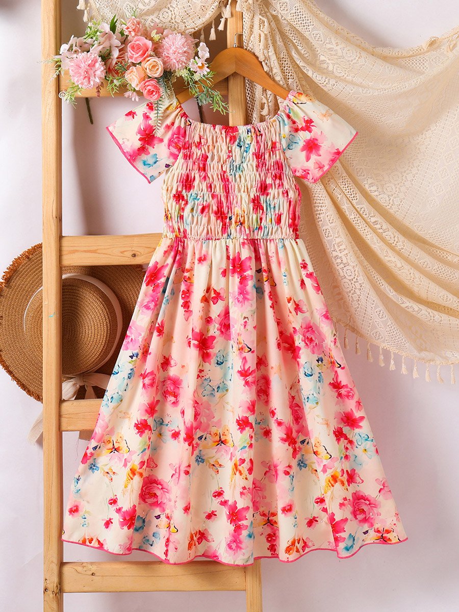 Girls All-Over Print Square Neck Smocked Dress