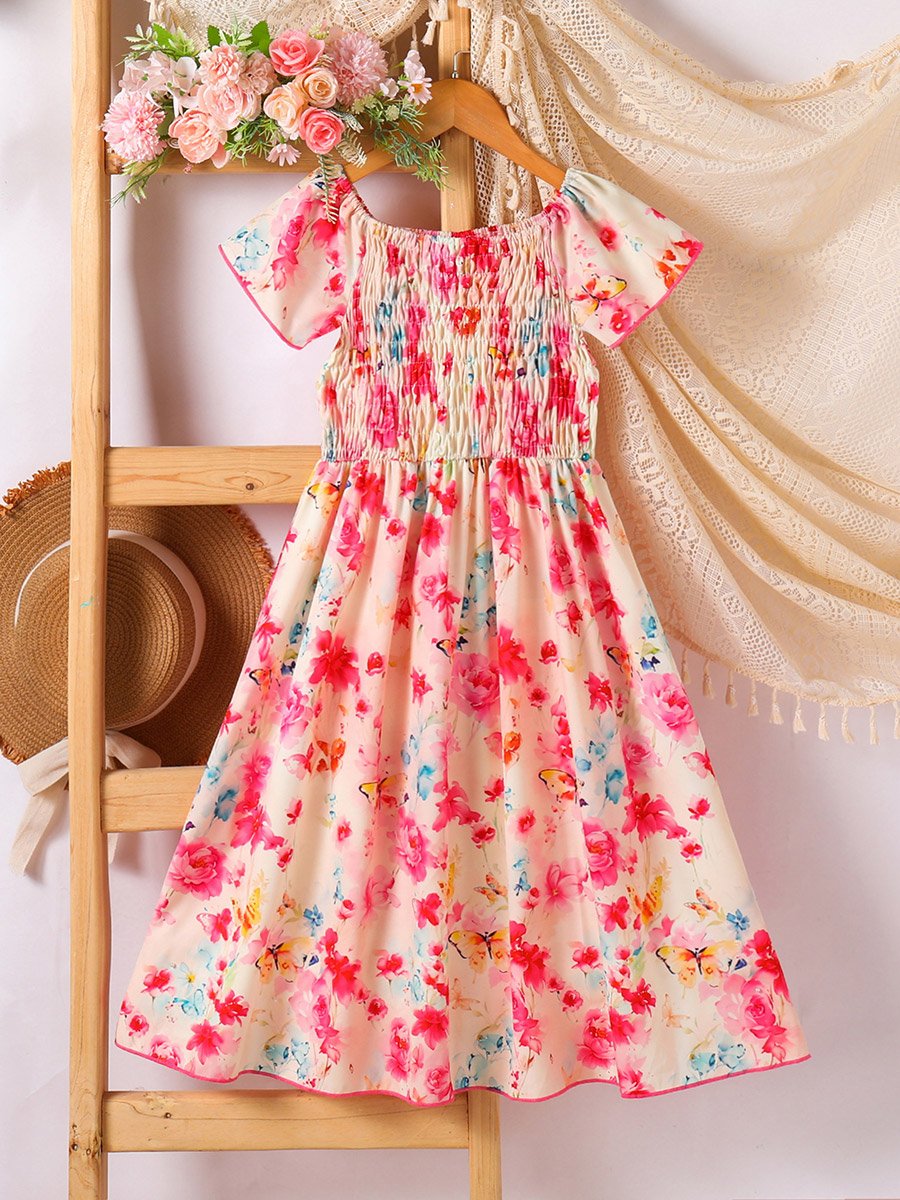 Girls All-Over Print Square Neck Smocked Dress