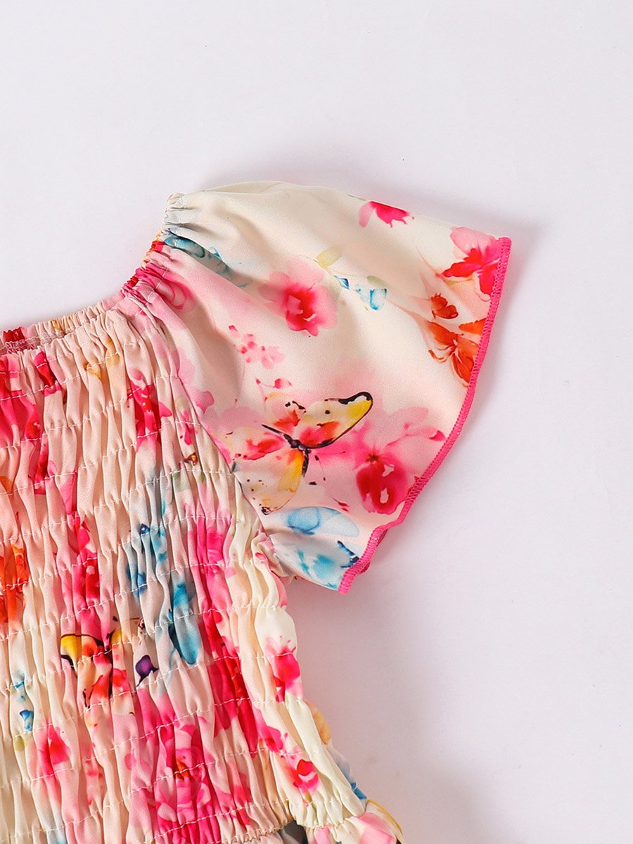 Girls All-Over Print Square Neck Smocked Dress