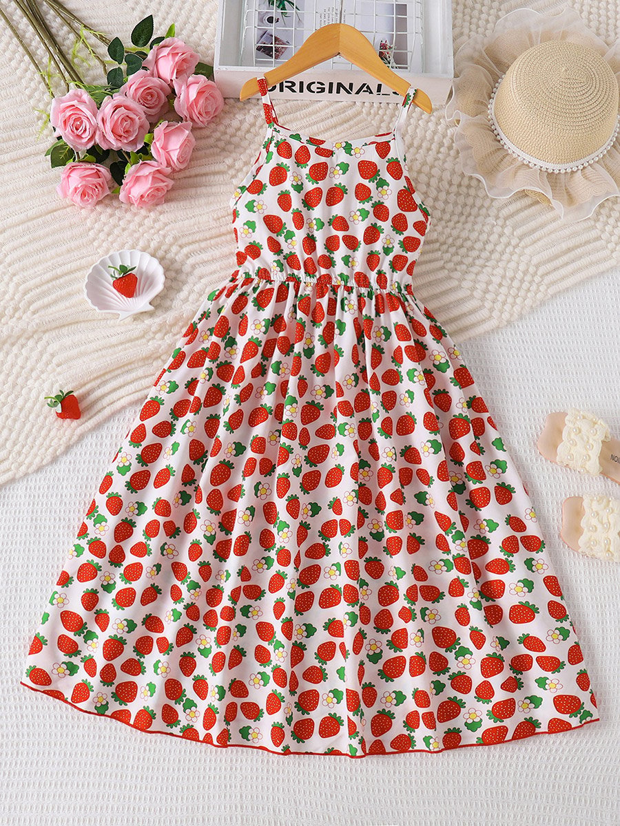 Girls Strawberry Print Strappy Dress