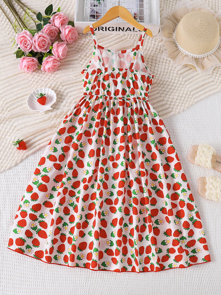 Girls Strawberry Print Strappy Dress
